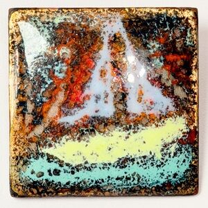 Vintage Mid Century Copper Enamel Abstract Sailboat Brooch Modernist OOAK
